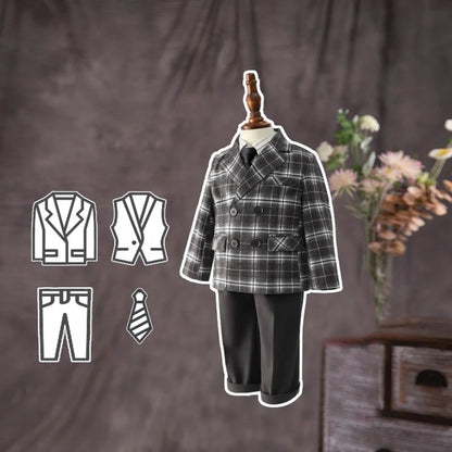 Birthday Formal Photography Outfit Flower Boys Brown Plaid Wedding Dress Kids Children's Piano Host Performance Costume