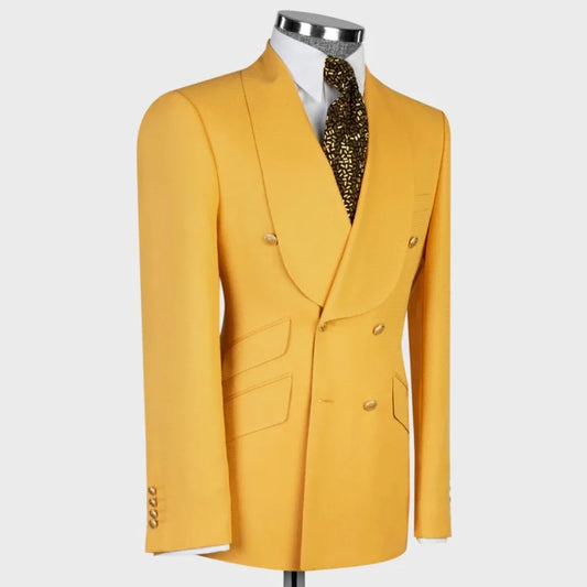 Men Suit Yellow 2 Piece Double Button With Wide Lapel Solid For Wedding Birthday Banquet Party Business Work Office Jacket Pants