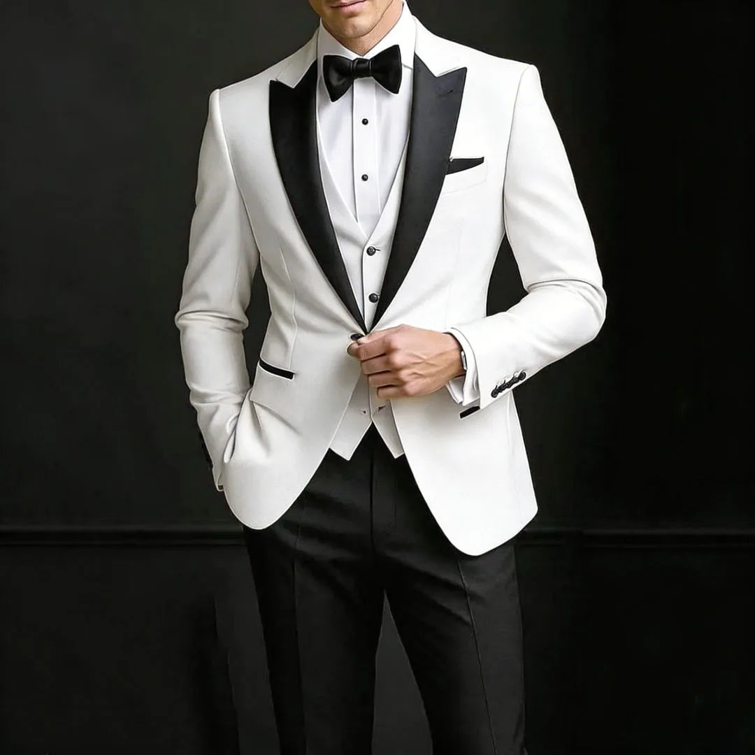 Men Suit 3 Pieces Beige Single Button Bright Lapel For Wedding Banquet Birthday Business Work Tuxedo Jacket Vest Black Pants