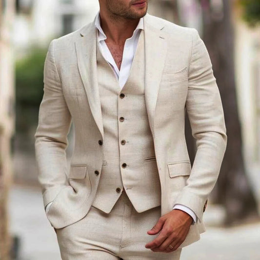 Costume d'été en lin bleu/beige pour homme, coupe ajustée, revers cranté, blazer deux boutons, gilet, pantalon, smoking de marié, bal quotidien, dîner, ensemble 3 pièces