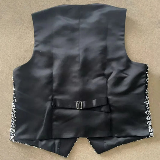 Men Vest Black Sequin V-Neck Single Button Waistcoat for Weddings & Formal Events