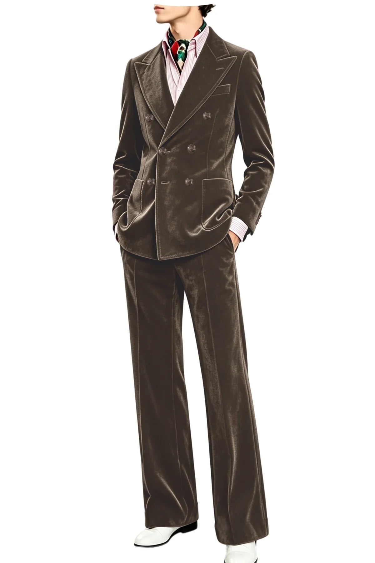 Men's Velvet Suit 2 Piece Double Breasted Peak Lapel Blazer & Straight Leg Pants for Formal & Wedding