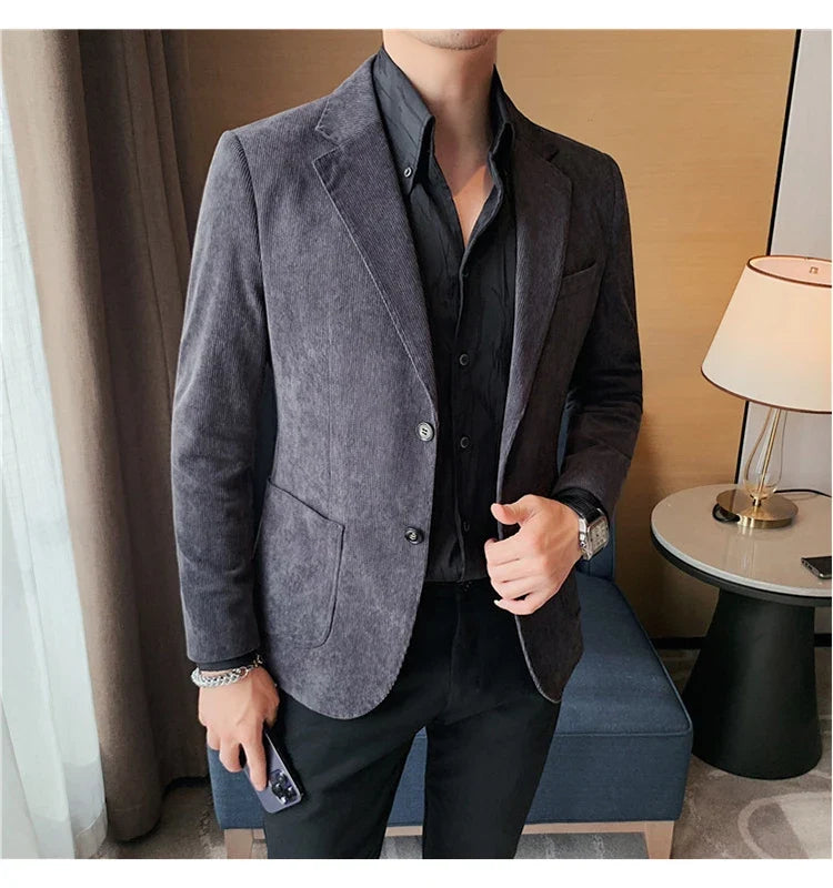 2023 Fashion Men's Corduroy Blazers Top Quality Business Casual Suit Jackets Slim Fit Wedding Groom Streetwear Social Dress Coat