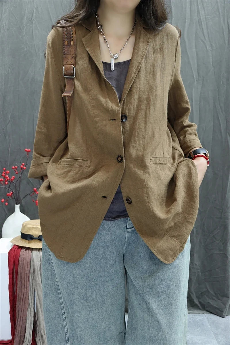 2026 Autumn New Style Women's Casual Pure Color Linen Long Sleeve Retro Fashionable Versatile Suiting Jacket Classic All-Match
