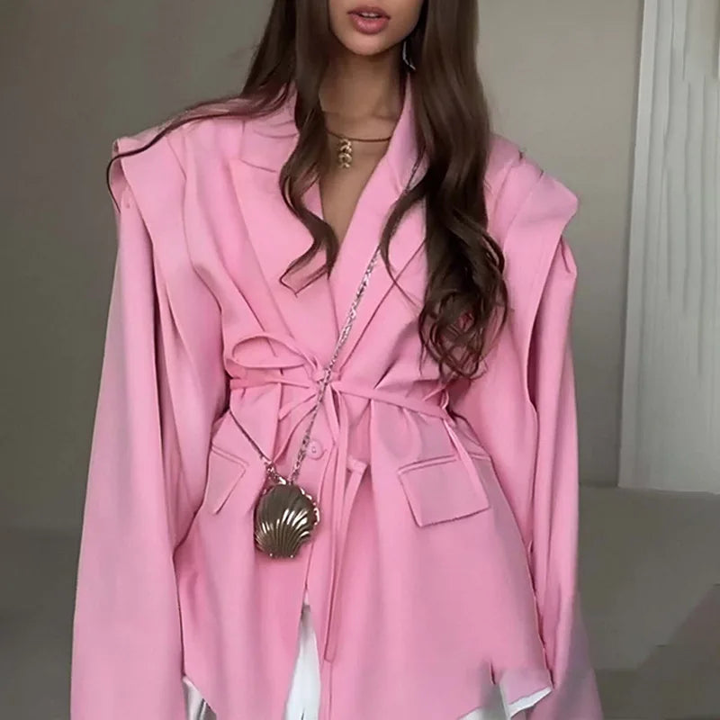 Spring Autumn Fashion Women's Pure Color Belted Shoulder Pad Suit Coat Commute Style Loose Fit Long Sleeve Regular Length