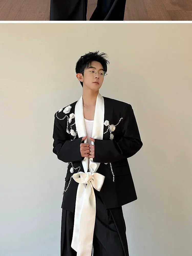 2026 Spring New Fashion Elegant Temperament Ribbon Decorate Blazer Coat Men's Handsome Luxury Casual Male Clothes JY5386