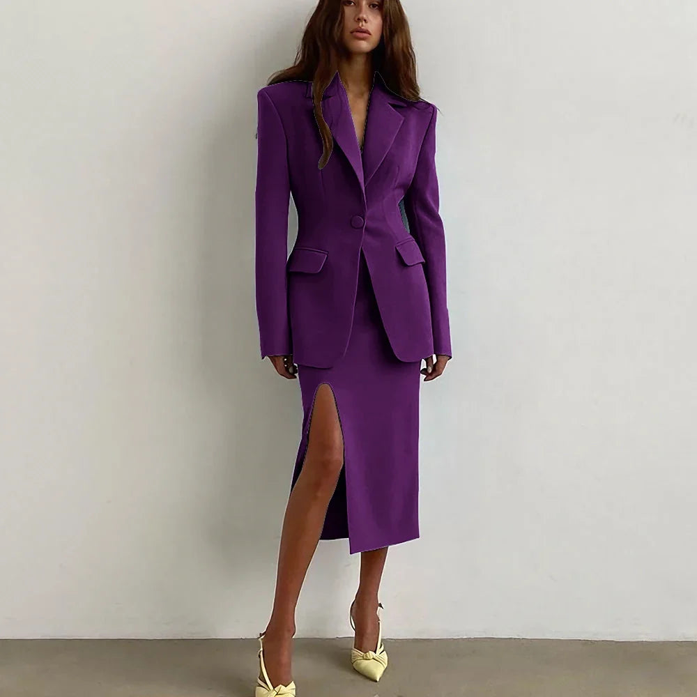 Professional Women's Single Button Notch Lapel Blazer Suit Side Slit Midi Skirt Set Elegant Party Office Fashion 2Piece Outfit