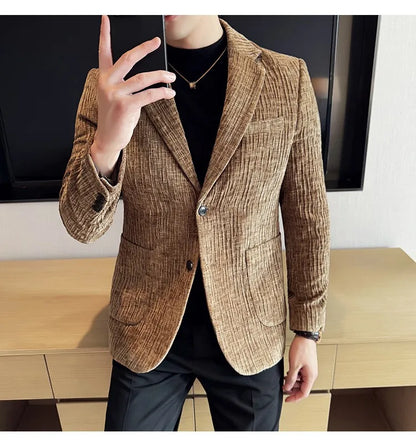 2025 Winter Chenier Thick Suit Jacket for Men Korean Slim Fit Casual Business Men Blazers Wedding Groom Office Social Dress Coat