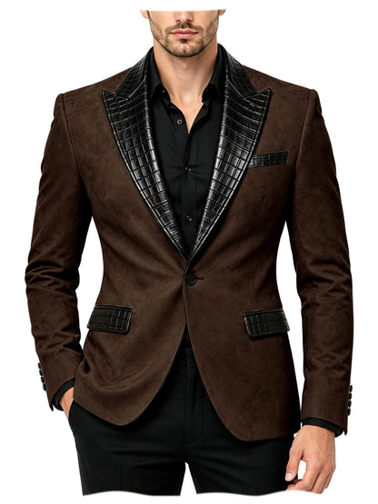 Men's Suede Slim Fit Blazer Jacket Crocodile Pattern Lapel Design Suit Coat Formal Business Prom Wedding Party Tuxedo Outerwear