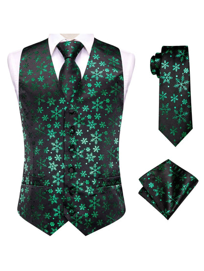Men's Christmas Print Vest 3-Piece Set with Tie and Pocket Square for Holiday Parties