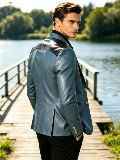 PU Leather Men's Suit Blazer Patchwork Style Wedding Groom Tuxedo Formal Office Prom Jacket High Quality Business Casual Coat