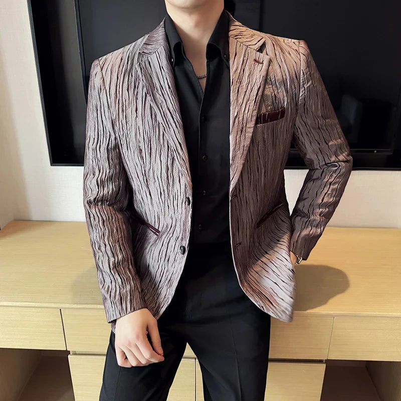 Korean Trend 3D Pleated Suit Jacket for Men Wedding Groom Business Dress Jacket Casual Banquet Party Host Blazer Masculino