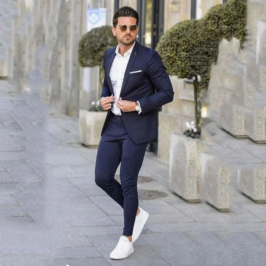 Men's Slim Fit Formal Business Suit Dark Blue Notched Lapel Single Breasted Wedding 2023 2 Pcs Set Jacket And Pants