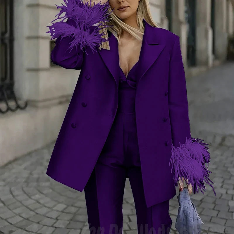 Classic Satin Women's Suit Set 2 Piece Exquisite Feather Double Breasted Jacket With Pants Evening Party Luxury Trouser Suits