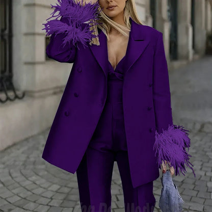 Classic Satin Women's Suit Set 2 Piece Exquisite Feather Double Breasted Jacket With Pants Evening Party Luxury Trouser Suits