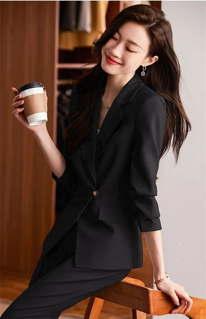 2025 Fashion Ladies Pant Suit Women Black Striped Female Business Work Wear Formal Jacket Blazer and Trouse