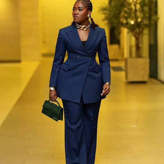Classic Women Navy Blue Double Breasted Suit Set Office Lady 2 Pieces Jacket Pants Business Power Pantsuit Elegant Outfit