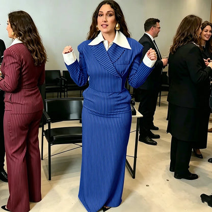 Navy Blue Pinstripe Women's Jacket Skirt 2 Piece Set Formal Single Breasted Evening Party Clothing Wedding Guest Outfit