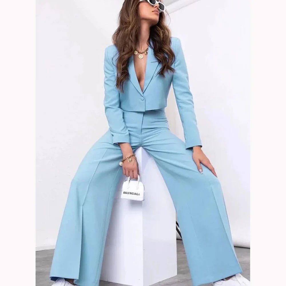 Single-grain Buckle Women Suit Two Pieces(Short Jacket+Pants) Peaked Lapel Office Lady for Business Daily Shopping Set Custom