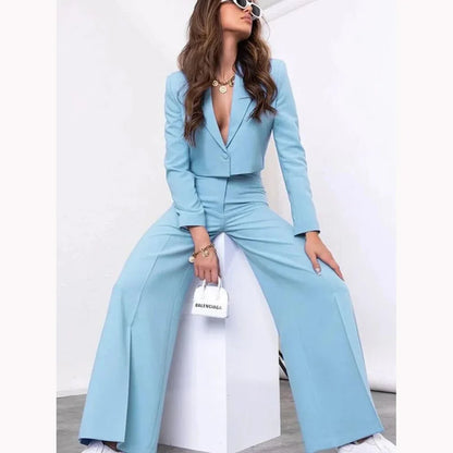 Single-grain Buckle Women Suit Two Pieces(Short Jacket+Pants) Peaked Lapel Office Lady for Business Daily Shopping Set Custom
