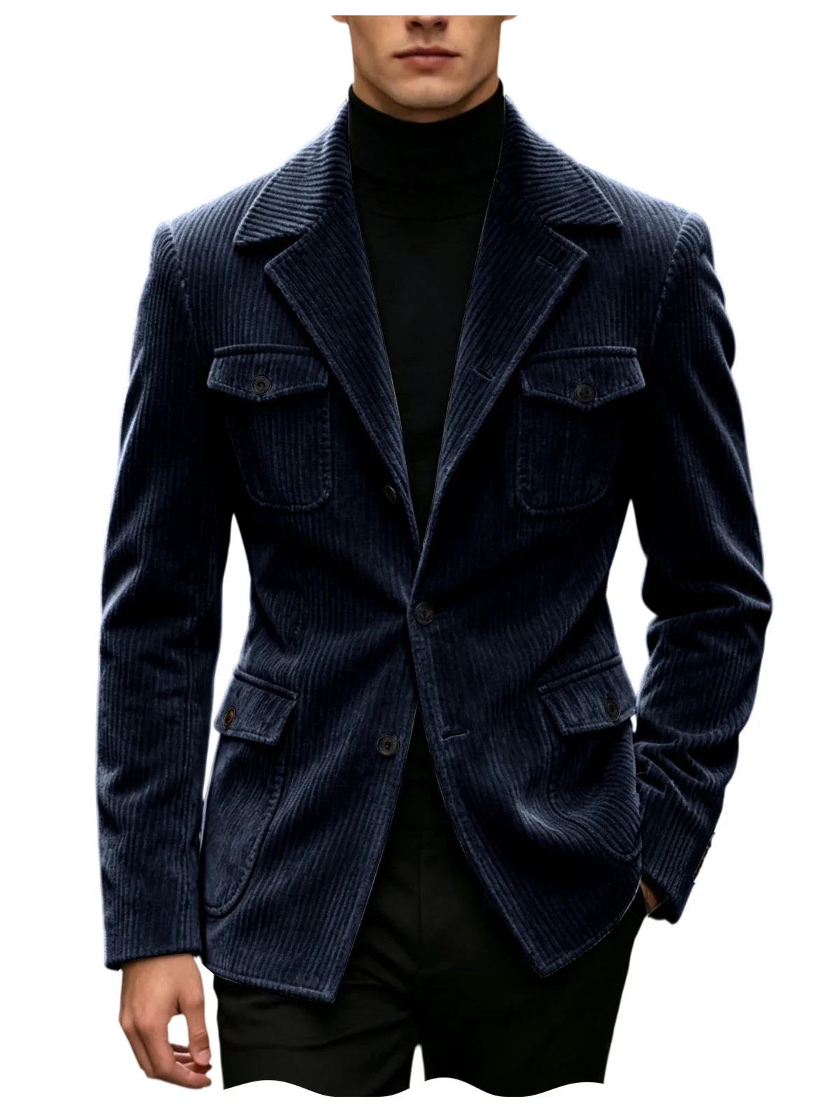 Men's Corduroy Blazer Jacket Slim Fit Notched Lapel Casual Business Coat With Four Flap Pockets For Daily Work Streetwear
