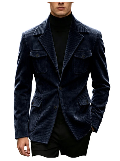 Men's Corduroy Blazer Jacket Slim Fit Notched Lapel Casual Business Coat With Four Flap Pockets For Daily Work Streetwear