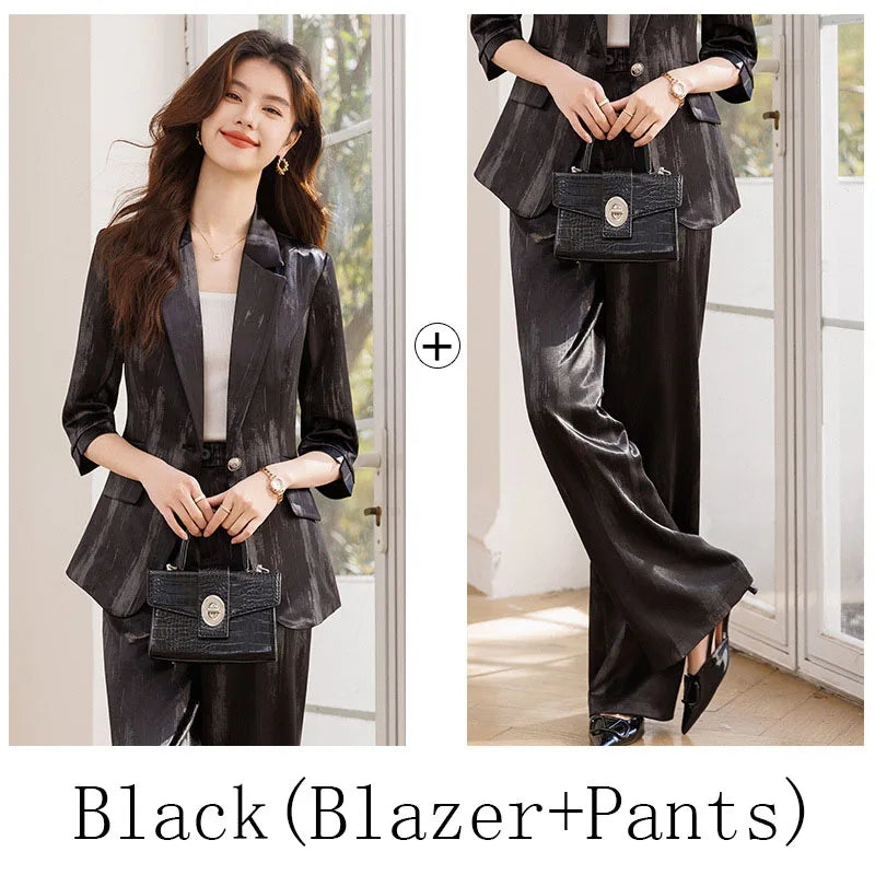 Women's Two Piece Set Blazer Pants Suit Elegant Office Formal Business Outfit Plus Size Three-Quarter Sleeve Jacket Trousers