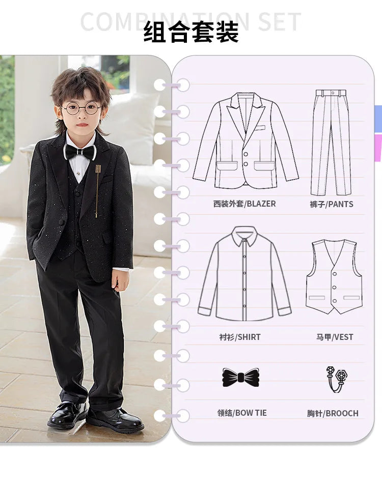 High Quality Boys Shiny Wedding Suits Kids Morning Coat Formal Dress Child Tuxedos Blazer Clothes Sets Toddler School Uniforms
