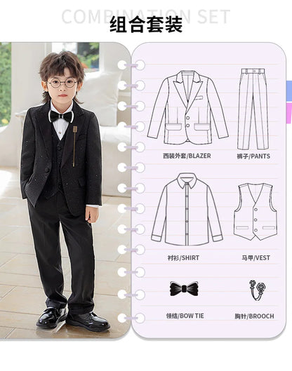 High Quality Boys Shiny Wedding Suits Kids Morning Coat Formal Dress Child Tuxedos Blazer Clothes Sets Toddler School Uniforms