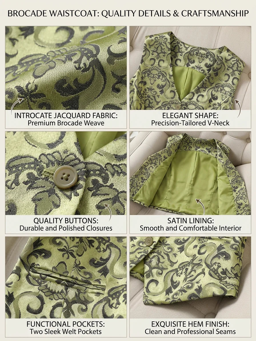 Women's Vintage Jacquard Vest in Green - Elegant Baroque Print Button-Up Waistcoat Luxury Satin Jacquard Vest with Ornate