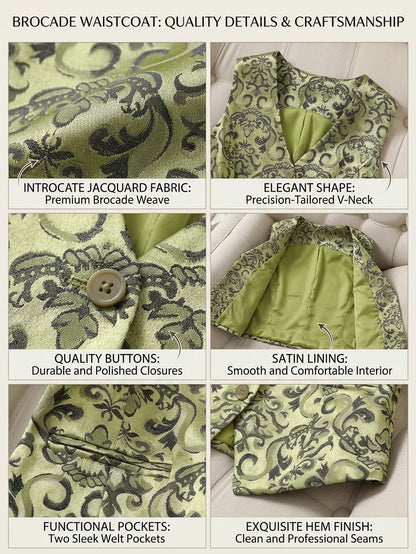 Women's Vintage Jacquard Vest in Green - Elegant Baroque Print Button-Up Waistcoat Luxury Satin Jacquard Vest with Ornate