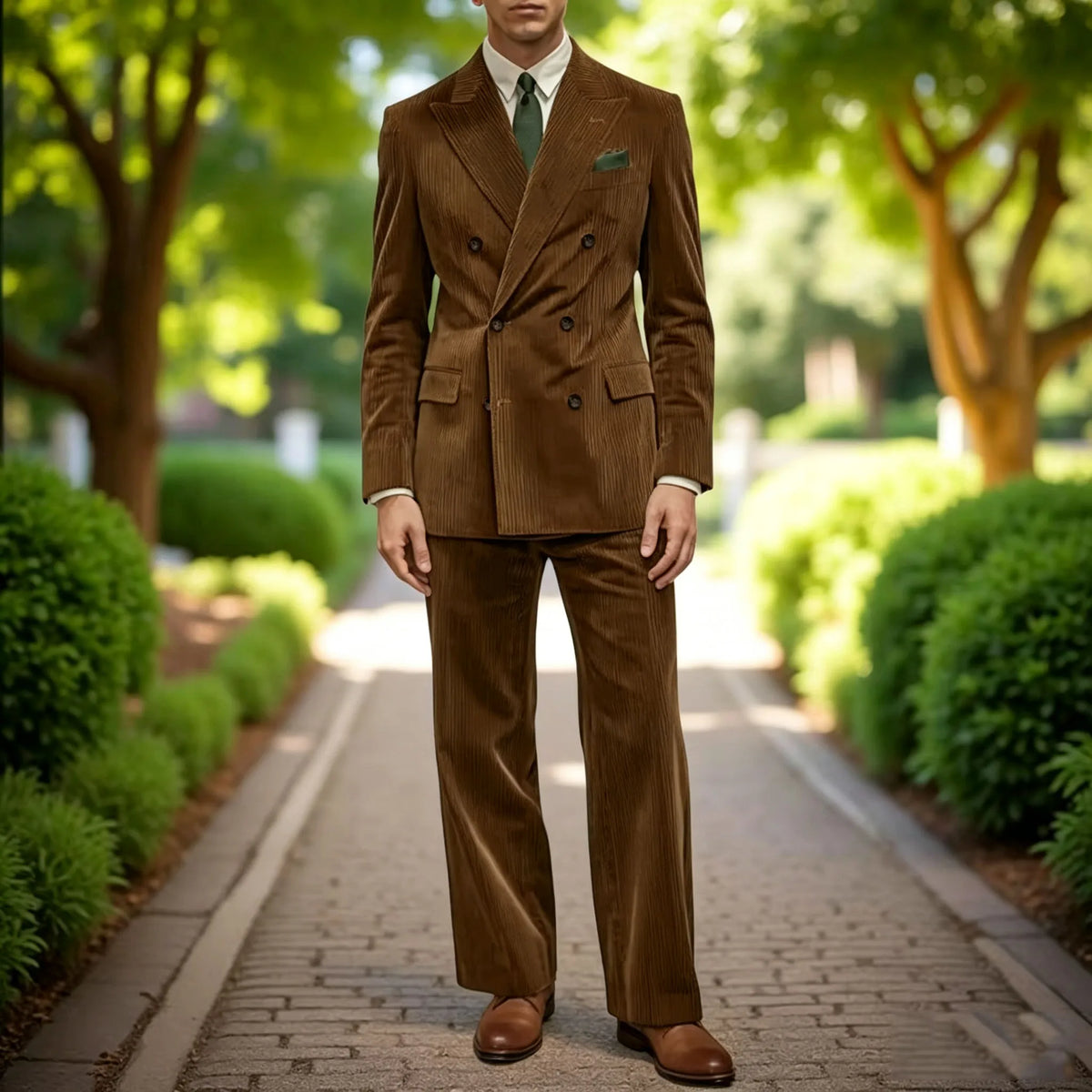 Men's Corduroy Suit 2 Piece Retro Double Breasted Peak Lapel Blazer Straight Leg Pants Formal Set Business Casual Wedding Party