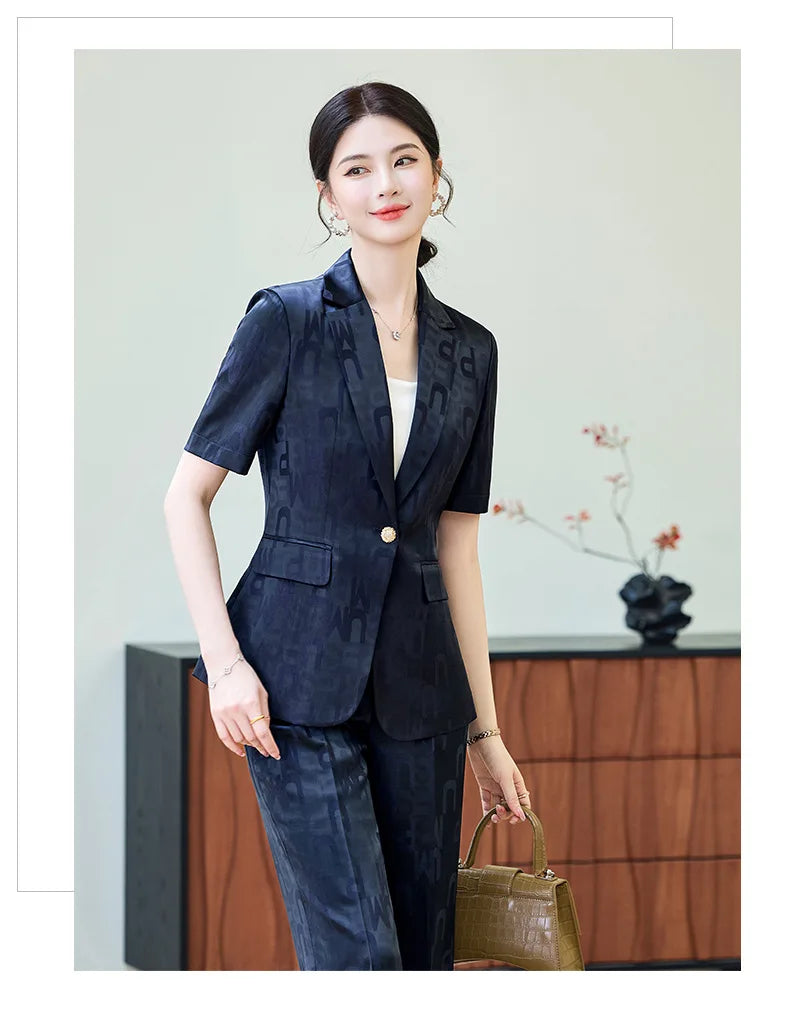 Fashion Letter Print Short Sleeve Professional Suit Women New 2026 Summer Elegant Slim Blazer And Pants Office Ladies Work Wear