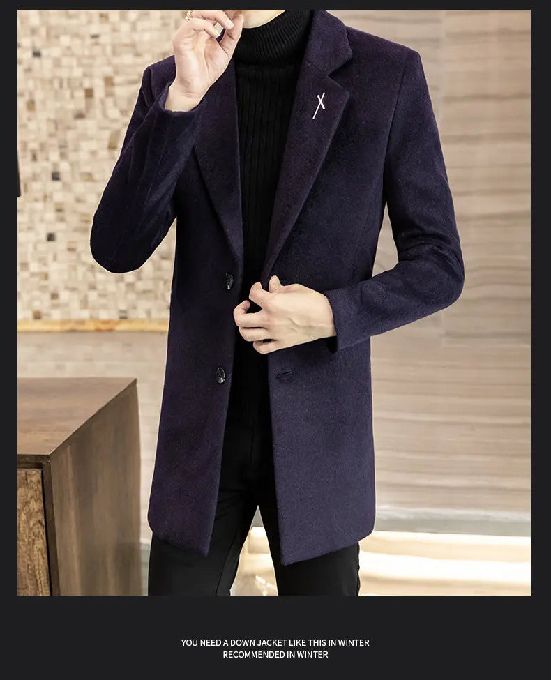 High-quality men's fashionable and stylish mid-length solid color woolen and cotton thick coat for autumn and winter