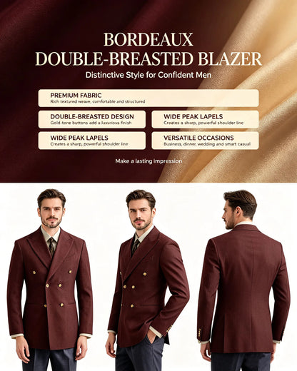 Burgundy Linen Blend Double Breasted Men's Blazer Peak Lapel Slim Fit Tailored Formal Men Suit Jacket For Wedding Groom Business