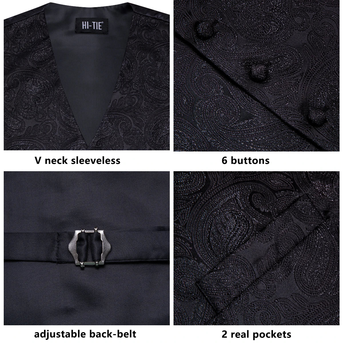 Men's Vest Tie Hanky Cufflinks Set – Wine Black Paisley Jacquard for Weddings & Formal Events