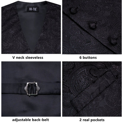 Men's Vest Tie Hanky Cufflinks Set – Wine Black Paisley Jacquard for Weddings & Formal Events
