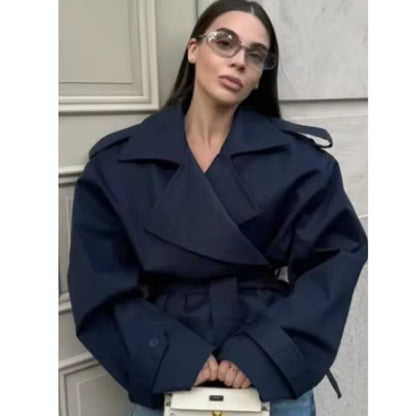 Solid Lapel Lace Up Jacket Elegant Chic Full Sleeve Button Loose Long Coat Women Office Lady Daily Commute Overcoat Windbreaker