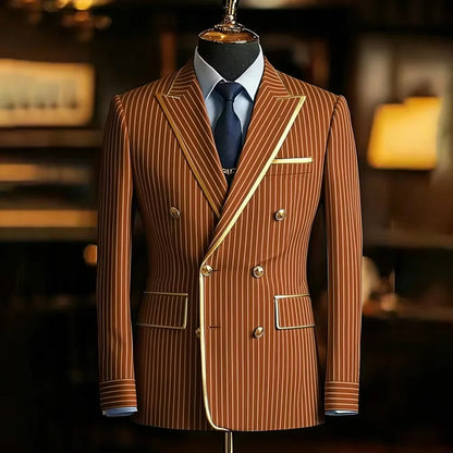 Pinstripe Double Breasted Peak Lapel Mens Suit Jacket Business Slim Fit Gold Trim Striped Coat Formal Wedding Prom Banquet Party