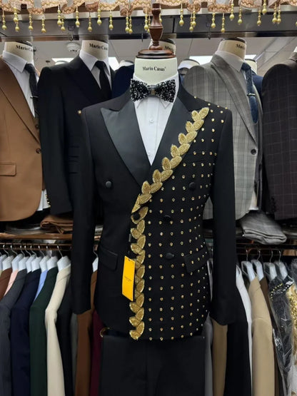 Golden Beaded Men's Suits 2 Pieces For Party Double Breasted Handsome Suit Set For Men Dancing Wear Long Sleeve Tuxedo S-3XL