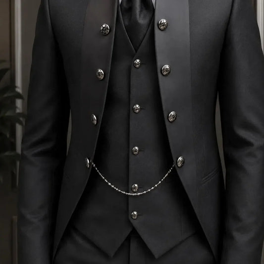 Men Suit Black 3 Pieces High Neckline Single Button For Wedding Groom Birthday Banquet Party Business Office Jacket Vest Pants