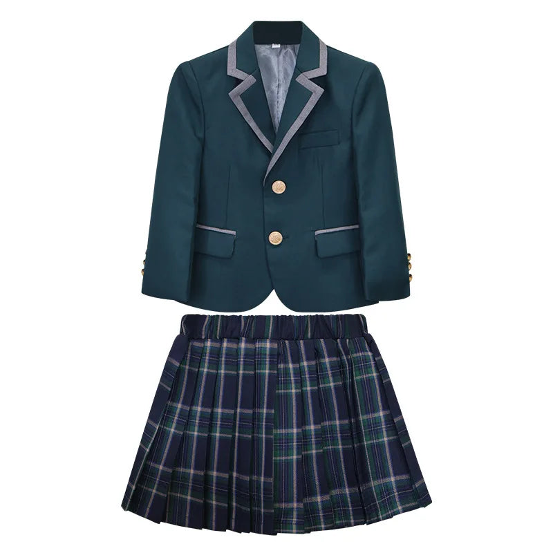 Boys Green Blazers Pants School Uniform Girls Jacket Skirt Shirt Tie Suits Kids Formal Dress Tuxedo Children Student Clothes Set