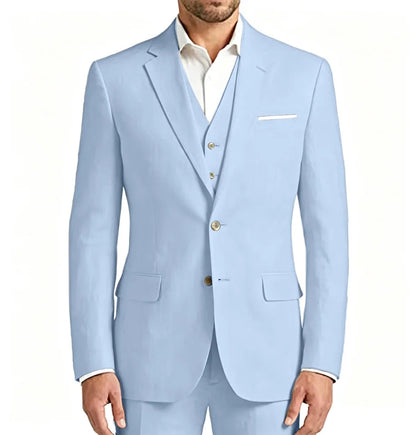 Summer White/Blue Linen Wedding Tuxedo 3 Pieces Prom Men Suits Slim Fit Groom Blazer Vest Trousers Set Beach Wedding Male Suits