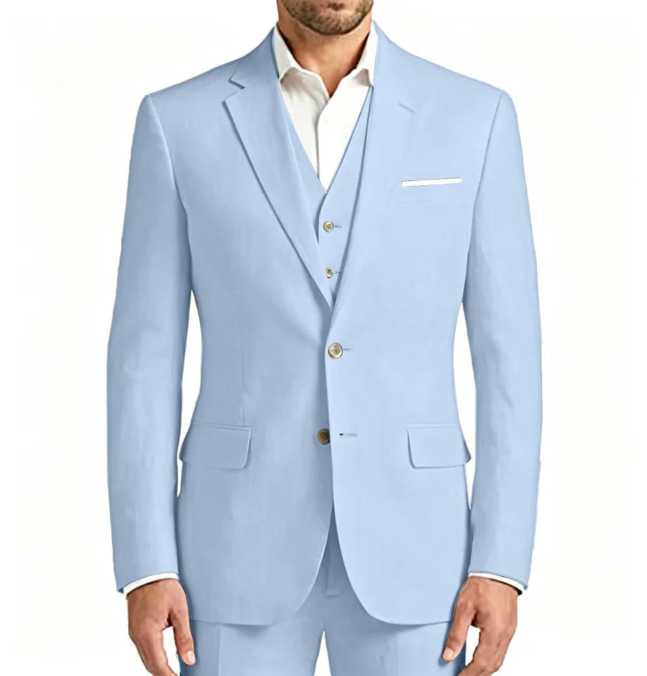Summer White/Blue Linen Wedding Tuxedo 3 Pieces Prom Men Suits Slim Fit Groom Blazer Vest Trousers Set Beach Wedding Male Suits