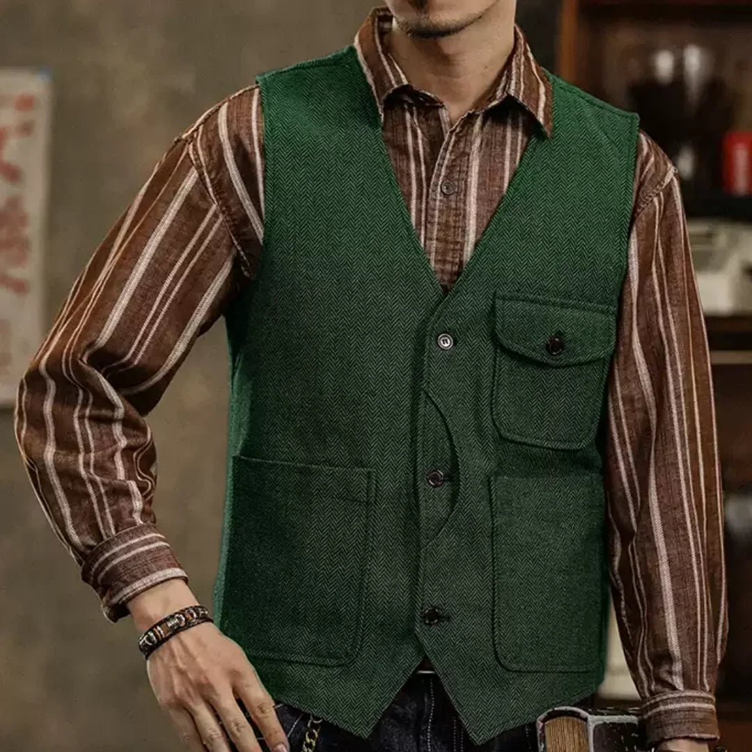 Men's Herringbone Suit Vest – Single Button Waistcoat for Wedding & Business