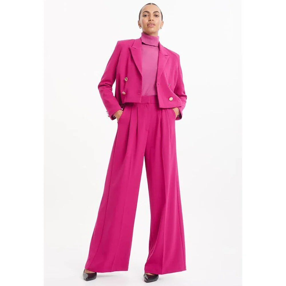 Chic Pink Short Blazer Women Pants Set High-end Double Breasted Female Two Pieces(Blazer+Trousers)أطقم بناطيل