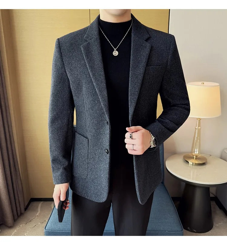High Qualitys Thickened Wool Suit Jacket Autumn Winter New Luxury Solid Color Formal Men Business Slim Fit Social Party Tuxedo