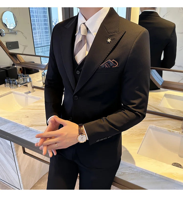 (Blazer + Vest + Trousers) 2024 New Men Formal Business Solid Suit 3 Pieces Set Italian Style Luxury Wedding Social Party Tuxedo