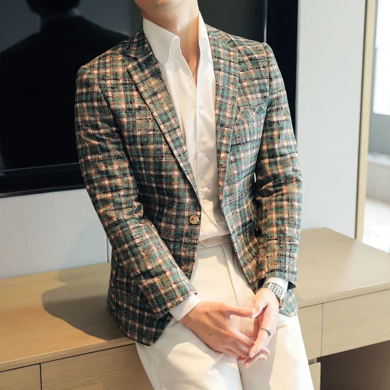 British Style Plaid Woven Casual Suit Jacket for Men Slim Fit Business Social Dress Coats Wedding Party Banquet Office Blazers