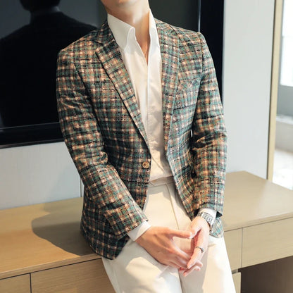 British Style Plaid Woven Casual Suit Jacket for Men Slim Fit Business Social Dress Coats Wedding Party Banquet Office Blazers
